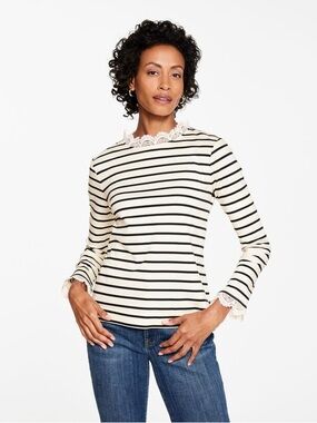 Talbots Lace Trim Crewneck Tee Ivory/Black Stripe XS MSRP $90 Preppy Nautical